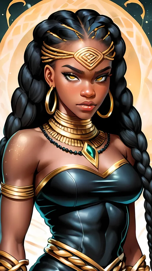 Prompt: create a book cover for a fiction novel about a black teenage girl who has superpowers. Her long braids has sharp gold tips that she uses to fight like a Medusa.  The title is "Braided Power" and needs to be spelled correctly. The theme is gold, black onyx, and diamonds.  

