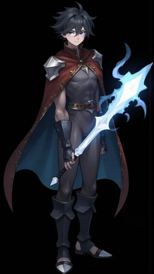 Prompt: Teenage boy, Black Boy, Attractive, Very short black hair, Superhero, Astral Swords, Light projections, jovial expression, Black Background