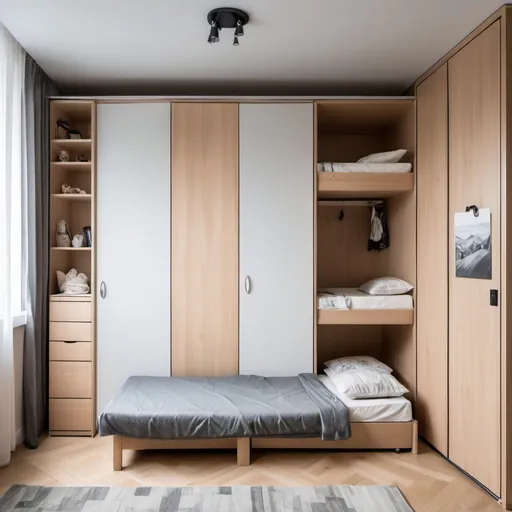 Prompt: a bedroom with a bed, a chair, and a closet in it with a door open to a closet, Bouchta El Hayani, superflat, flat, a stock photoاین عکس اتاق خواب هست از کنار دیوار تا بالای در کمد طراحی کن که تخت تاشو داشته باشه اندازه ابعاد ارتفاع تا سقف ۲۷۰سانتی متر و عمق ۸۰سانتی متر و در ورودی سمت چب عکس اول ۱متر فضای باقی مانده ۱۶۹سانتی متر یه تخت تاشو ۹۰سانتیمتر در دو متر با ۳ کشو و بالای کشو هم میز تحریر و پشت تخت قسمت تاشو هم کمد بشه برای لباس