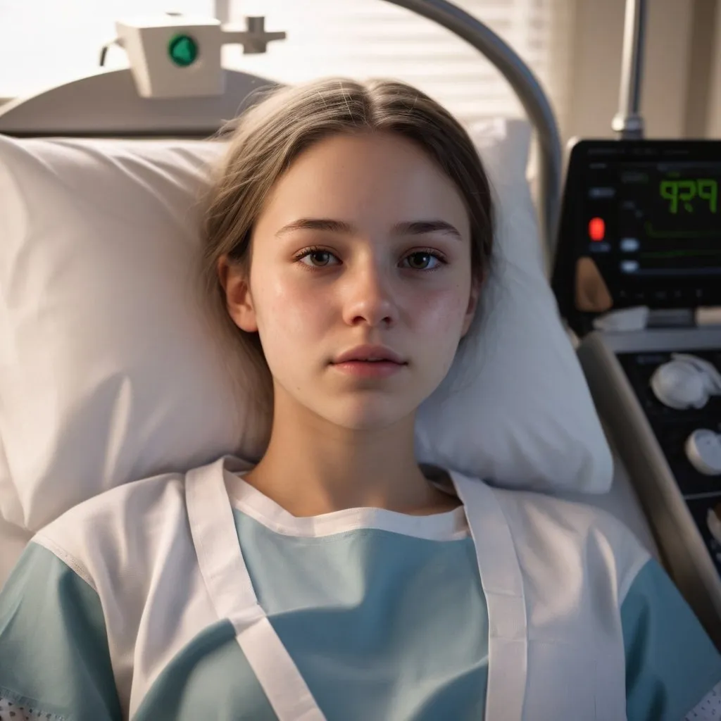 Prompt: Realistic depiction of an 18-year-old girl in a hospital bed, peaceful expression, soft and natural skin tones, hospital setting, medical equipment, emotional atmosphere, high quality, realism, detailed features, emotional lighting