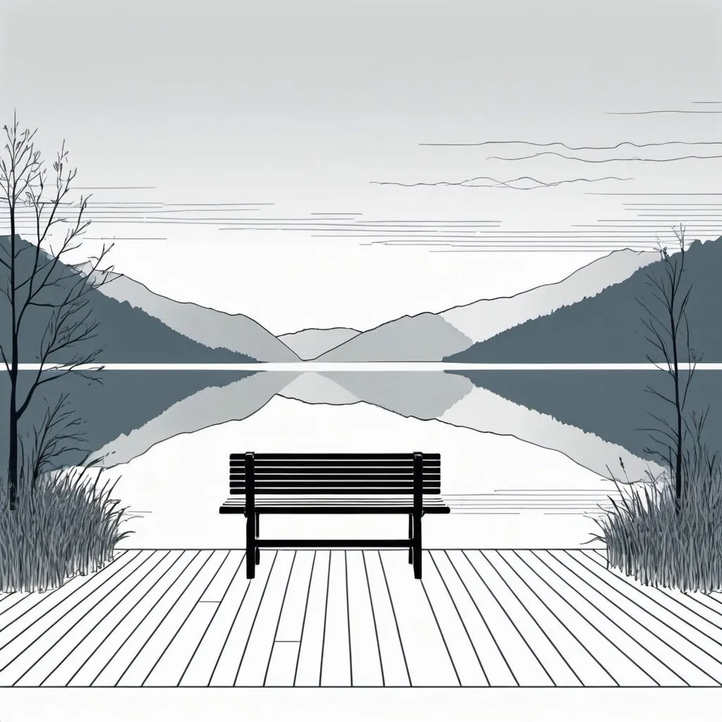 Prompt: a very simple picture, made with lines, of a lake with a bench