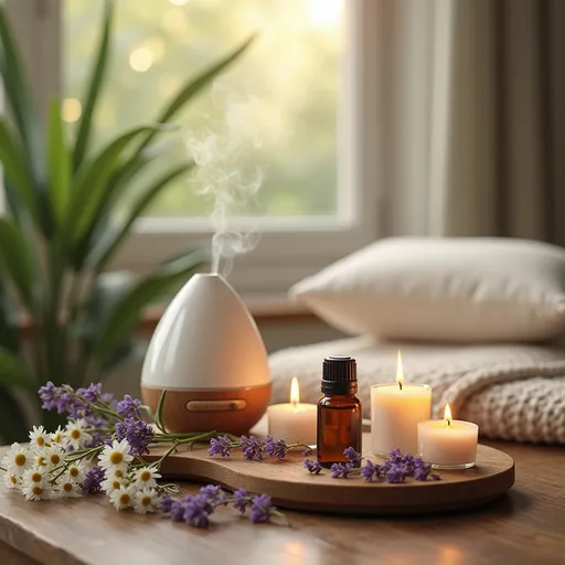 Prompt: A peaceful aromatherapy scene in a calm and serene environment. A wooden table with essential oil bottles, candles, and a diffuser releasing gentle mist. Soft, warm lighting with natural elements like flowers (lavender, chamomile) and green plants surrounding the scene. The atmosphere is tranquil and soothing, evoking relaxation and stress relief. The background should feature a cozy room with soft textiles like cushions and a blanket, creating a sense of calm and comfort. The overall color palette should include soft pastel colors and earthy tones. ultra-realistic, photo - like image