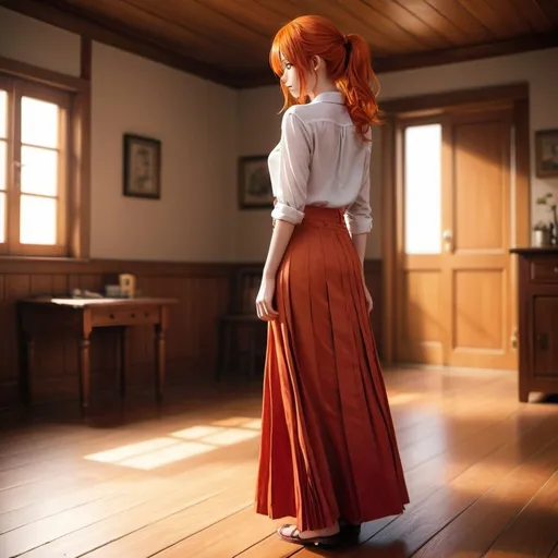 Prompt: The back of a long-straight orange haired anime girl with untied hair. The anime girl is wearing a buttoned shirt and a red pleated maxi long skirt that is extremely long. The anime girl is standing on a wooden floor.