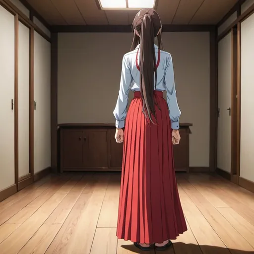 Prompt: The back of a long-straight haired anime girl with untied hair. The anime girl is wearing a buttoned shirt and a red pleated maxi long skirt that is extremely long. The anime girl is standing on a wooden floor.