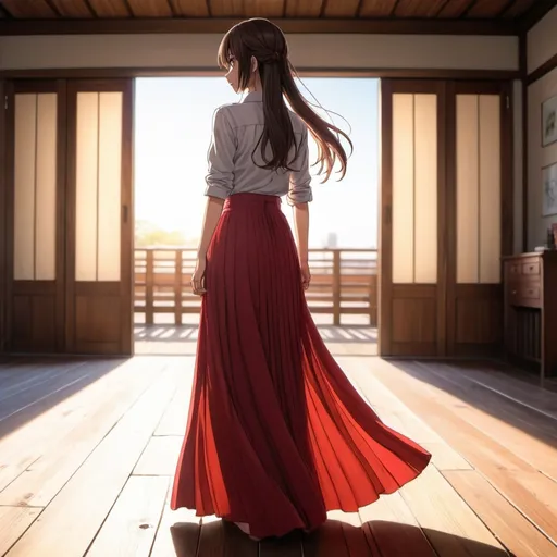 Prompt: The back of a long-straight haired anime girl with untied hair. The anime girl is wearing a buttoned shirt and a red pleated maxi long skirt that is extremely long. The anime girl is standing on a wooden floor.