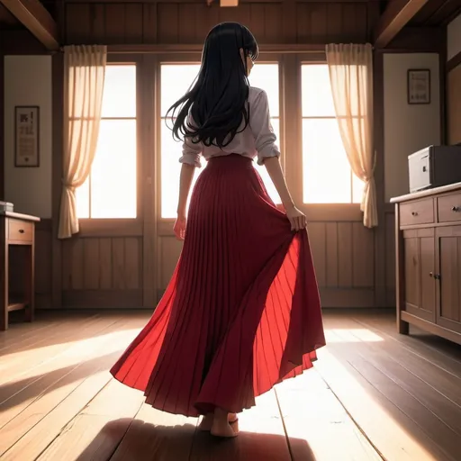 Prompt: The back of a long-straight black haired anime girl with loose hair. The anime girl is wearing a buttoned shirt and a red pleated maxi long skirt that is extremely long. The anime girl is standing on a wooden floor.