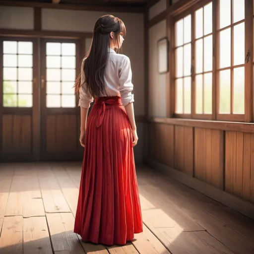 Prompt: The back of a long-straight haired anime girl with untied hair. The anime girl is wearing a buttoned shirt and a red pleated maxi long skirt that is extremely long. The anime girl is standing on a wooden floor.