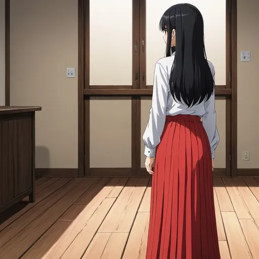 Prompt: The back of a long-straight black haired anime girl with loose hair. The anime girl is wearing a buttoned shirt and a red pleated maxi long skirt that is extremely long. The anime girl is standing on a wooden floor.