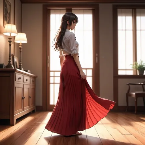 Prompt: The back of a long-straight haired anime girl with untied hair. The anime girl is wearing a buttoned shirt and a red pleated maxi long skirt that is extremely long. The anime girl is standing on a wooden floor.