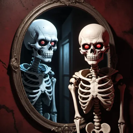 Prompt: realistic sans the skeleton from the video game undertale staring into a mirror with bloodshot eyes