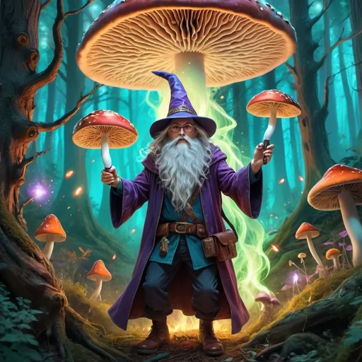 Prompt: a wizard in a forest hitting a geek bar vape while being surrounded by mushroom people out to kill him