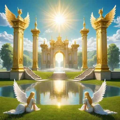 Prompt: heavenly gate to a kingdom of light with a bunch of angels sitting on thrones with a big field of grass and water and a sun in the blue sky with green grass and a massive golden palace