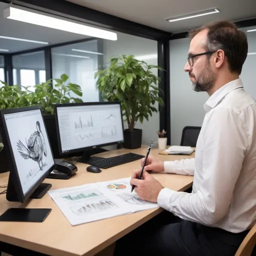 Prompt: Pourrais tu me dessiner une représentation de l'entreprise BioPhonia, spécialisé en Bioacoustique en france ? Dans ectte image, je voudrais des personnes en train d'analyse des sons sur ordinateur et d'autres qui sont en train d'enresgitrer des oiseaux dans une fôret et enfin d'autres qui discute avec des clients en leur présentant un rapport. 
