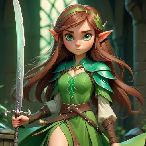 Prompt: A brown haired elf girl with a sword and a green elfish dress.