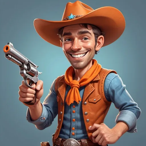 Prompt: A magical cowboy in realistic cartoon style smiling with an orange gun