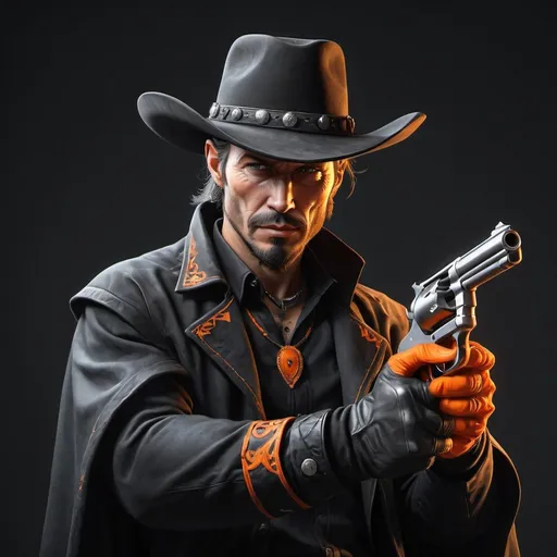 Prompt: Ultra realistic depiction of a mystic cowboy in black clothes with an orange gun