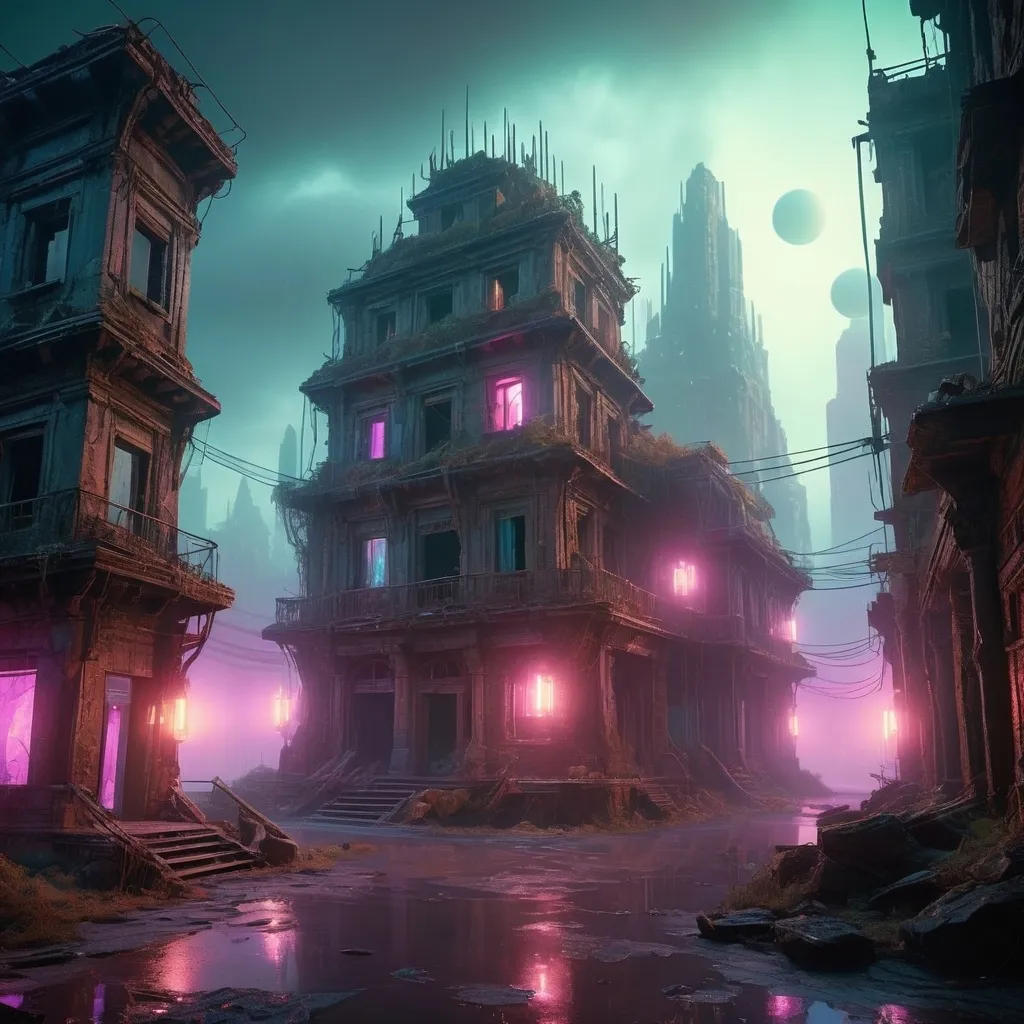 Prompt: (mysterious futuristic crysalid reality), hyper-realistic digital rendering, unreal engine, mystical ambient, glowing neon lights, dark and ethereal atmosphere, intricate crystalline structures, floating over an ancient abandoned city, misty and otherworldly, intricate details, high-tech elements, cool tones, deep and rich lighting, cinematic masterpiece, awe-inspiring depth, ultra-detailed, 4K.