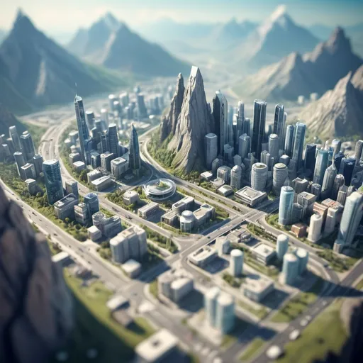 Prompt: aerial view, tilt-shift, isometric miniature world, futuristic city, detailed landscape world render, mountains, futuristic features