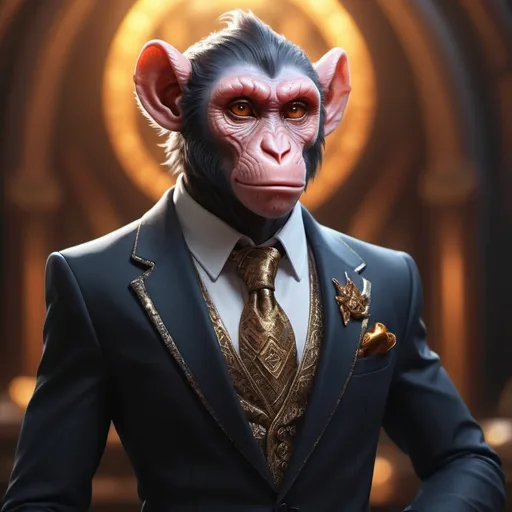 Prompt: (hyper-realistic Tiefling crystal monkey in a suit), fantasy character art, illustration, DND character, sharp (details), wearing an elegant (suit), glowing (crystals) embedded in fur, (intricate) facial features, warm tone, dynamic pose, atmospheric background with mystical elements, surreal environment, high depth, (4K) resolution, ultra-detailed, vibrant, dramatic lighting, fantasy world setting, professional quality illustration, cinematic masterpiece, trending on artstation.