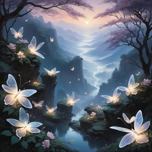 Prompt: The Celestial Garden: High atop a mist-shrouded mountain peak lies a celestial garden suspended between the heavens and the earth. Here, delicate blossoms of every hue imaginable flourish in the ethereal glow of the moonlight. Crystal-clear streams cascade down silvered cliffs, their gentle murmurs harmonizing with the soft rustle of leaves. As you wander along winding pathways, you encounter luminous butterflies with wings that shimmer like spun gold, and birds with feathers of iridescent opal. The air is infused with the scent of jasmine and night-blooming flowers, and a sense of weightlessness fills your being as if you could float among the stars.