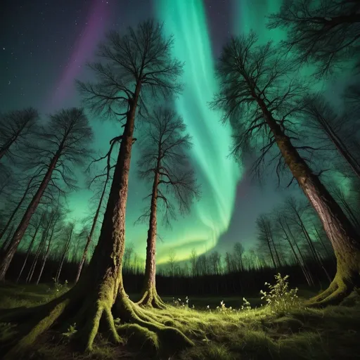 Prompt: The Aurora Grove: Nestled within a remote valley lies a grove illuminated by the dancing lights of the aurora borealis, a breathtaking spectacle that defies explanation. Here, ancient trees with leaves of shimmering silver stretch their branches towards the swirling hues of the night sky, as if reaching for the stars themselves. The air crackles with energy, charged by the ethereal display overhead, and the ground beneath your feet pulses with a rhythmic heartbeat. Fireflies, drawn by the celestial dance, flit among the branches, casting their own soft glow upon the scene. Time seems to lose all meaning in this enchanted grove, where the boundary between reality and fantasy blurs into a symphony of light and color.