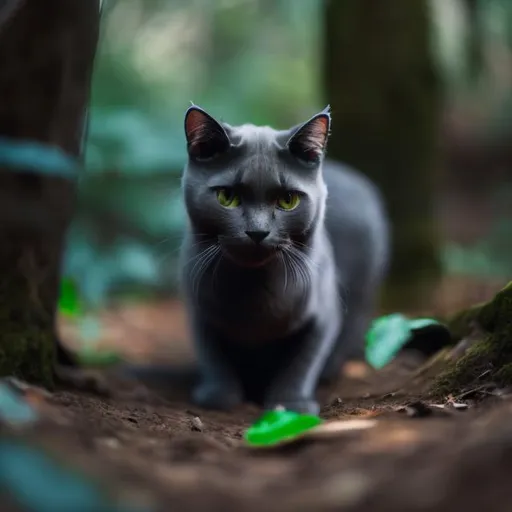 Prompt: A dark grey cat crouching in a forest