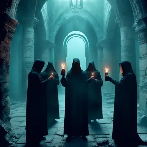 Prompt: Four hooded and cloaked figures, all dressed in different colors, three men, one woman, standing, holding a glass vessel containing a swamp witch. They are singing an incantation. The walls around them are made of old stone. 