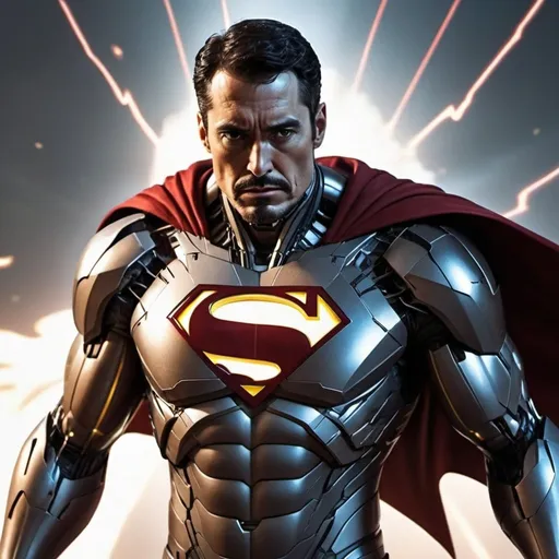 Prompt: a super hero that is a combination of superman ironman and batman with an ark react in his chest with lines of energy comming out of it