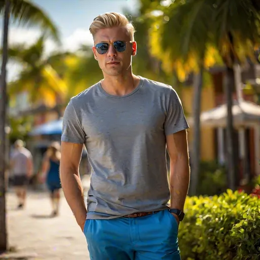 Prompt: Professional full-length photograph of a early 20s blonde csucasian man wearing sunglasses, dressed in an matte grey short sleeve cotton t-shirt and blue chino pants. The man has a serious facial expression, captured with dramatic lighting. The setting is in a suburban environment during a sunny day on Caribbean island. High detail, 4k resolution, realistic style, using a Nikon Z FX camera with 24mm lens, vibrant colors, bokeh effect in the background