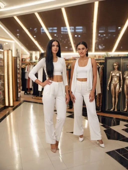 Prompt: Gorgeous athletic 25-year-old north African brunette woman with long black hair, wearing white pants and a white crop top. Standing in a store with an art deco style.