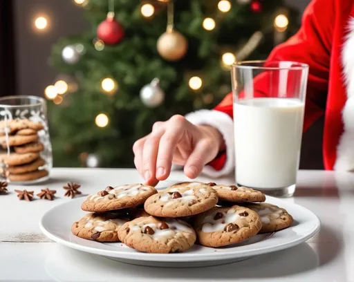 Prompt: a santa hands take cookies. White plate of cookies and glass with milk. Christmas tree in the background, professional food photography