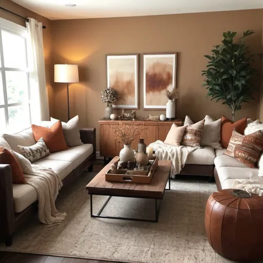 Prompt: A 20ft by 15ft living room, decorated to look and feel cozy, with warm natural organic colors and textures