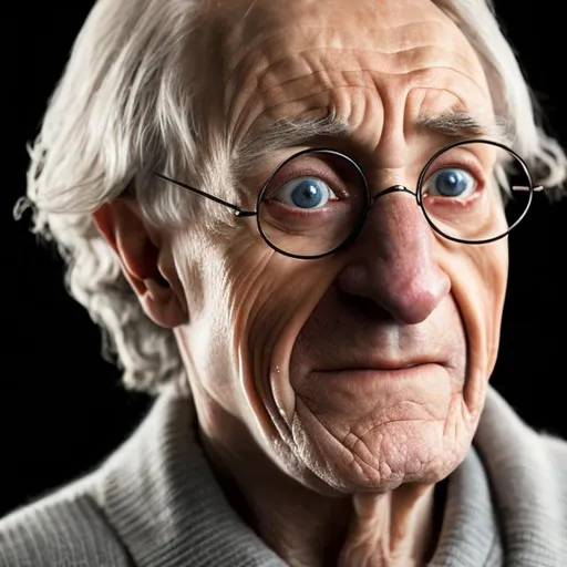 Prompt: 80 years old Harry Potter with grey hair and a face full of wrinkles 