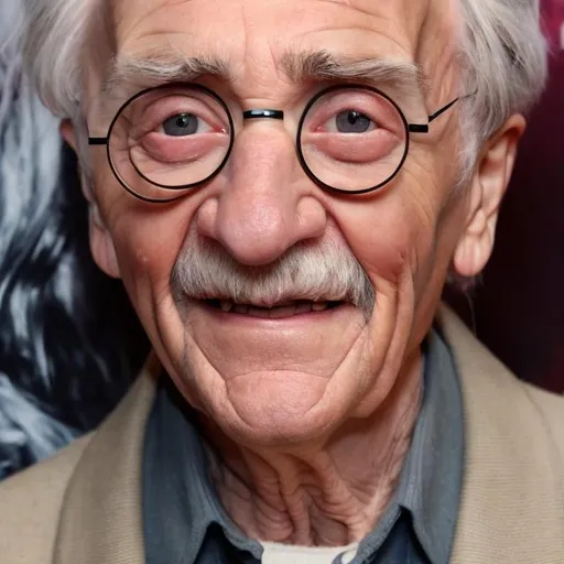 Prompt: 80 years old Harry Potter with grey hair and a face full of wrinkles 