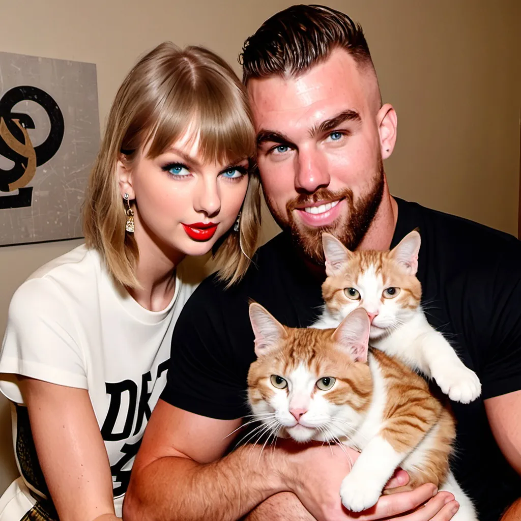 Prompt: Taylor swift and Travis kelce with dibbles the cat