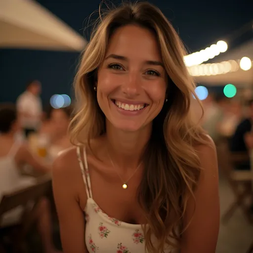 Prompt: With a warm smile that radiates joy, a woman with long, light brown hair leans slightly toward the camera, her cheerful expression highlighted by the soft lighting of a nighttime setting. She wears a white, sleeveless top adorned with delicate floral patterns, complemented by a small pendant necklace that catches the light. The background features blurred outlines of people and outdoor furniture, suggesting a lively social atmosphere, likely a gathering or celebration. The focus on her bright face contrasts with the muted tones of the surroundings, conveying an inviting and joyful mood, making it clear that she is enjoying a moment of connection and happiness.
