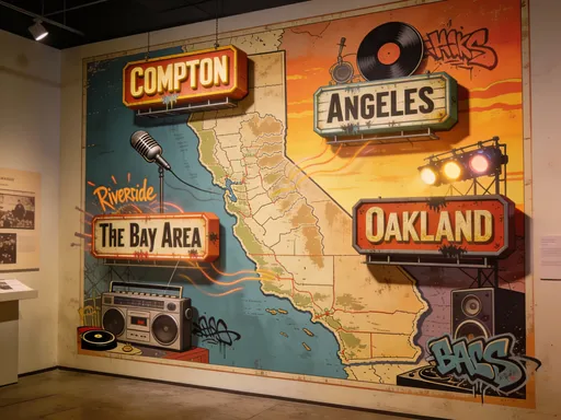 Prompt: Stylized illustrated map of California focused on hip-hop culture, viewed from a slightly elevated angle like a mural or poster. The map is not strictly to scale, but culturally symbolic. Major locations pop up from the map in 3D signage style: Compton, Los Angeles, Riverside, The Bay Area, and Oakland. Each location has bold street-sign typography and hand-painted textures.
Around each city, visual hip-hop symbols emerge — microphones, vinyl records, boomboxes, graffiti lettering, turntables, and stage lights — representing influential hip-hop groups and artists from those areas without showing specific faces.
The Bay Area and Oakland are emphasized as a creative hub, with layered cultural energy flowing south toward Los Angeles and Compton. Warm West Coast colors, sunset tones, gritty texture, early ’90s hip-hop poster aesthetic. Looks like album-cover art or a museum wall illustration. High detail, cinematic, illustrated realism, no labels beyond city names

