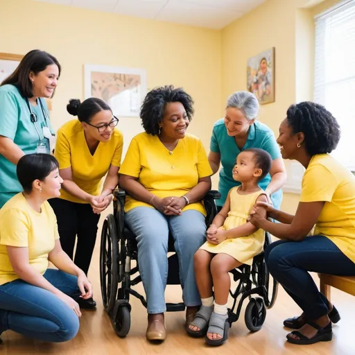 Prompt: Caregivers from different races learning how to care for special needs children by learning adaptively throughout life in 2040 in yellow 