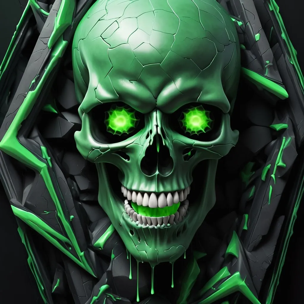 Prompt: green accented hexagonal background, black themed hyper realistic, skull pushing through screaming