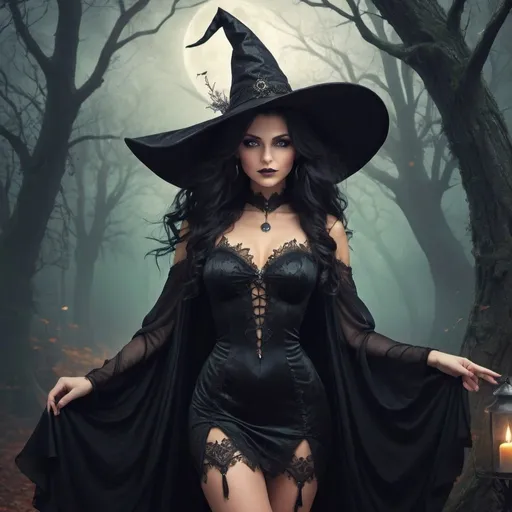Prompt: Create an image of a stunning witch, dressed in elegant, mystical attire. She should be wearing a stylish black dress with intricate details, complemented by garters. Her appearance is enchanting and captivating, with a touch of dark magic in her eyes. The background should be a mystical forest or a magical setting, enhancing the enchanting atmosphere.