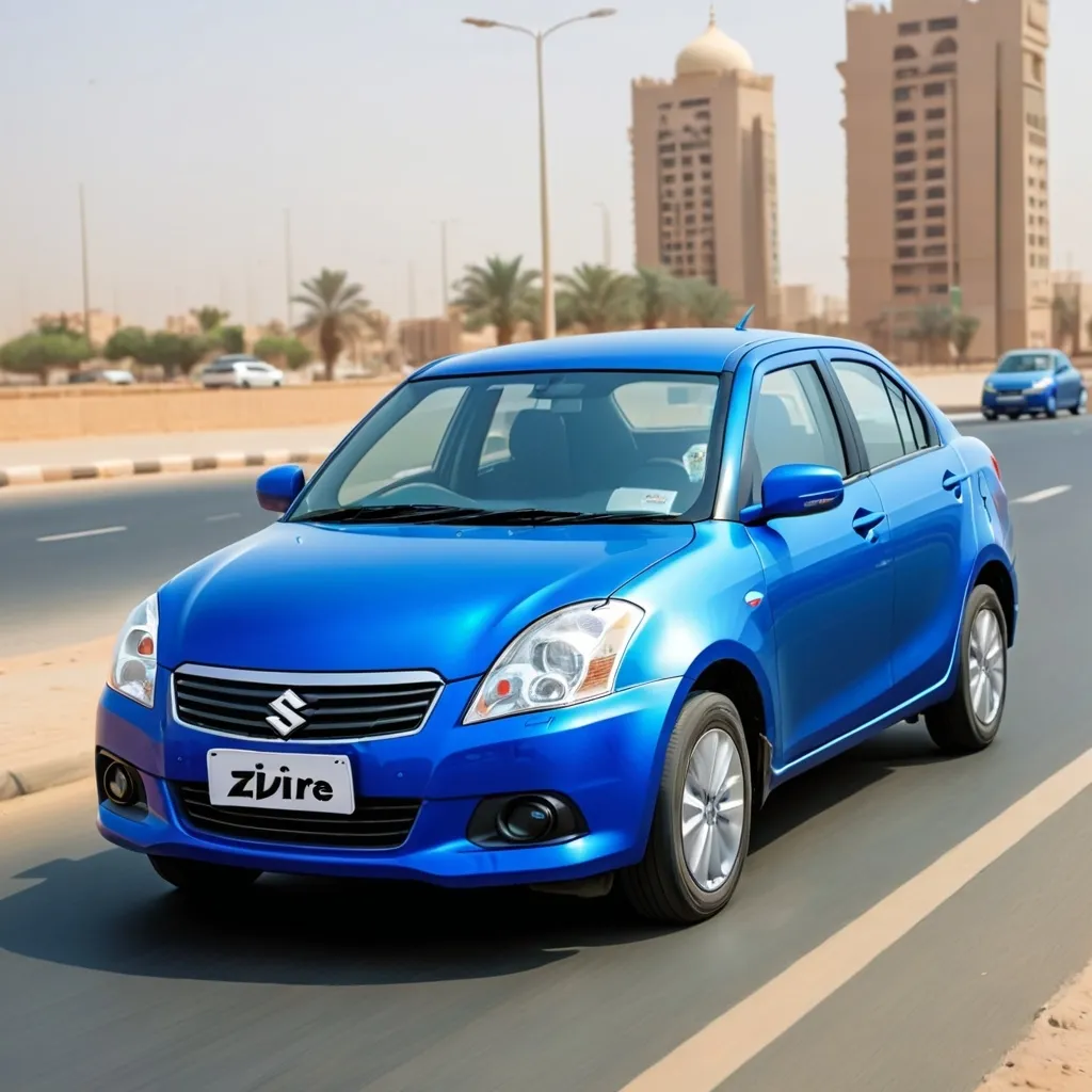 Prompt: Suzuki dzire with blue color on the roads of jeddah city