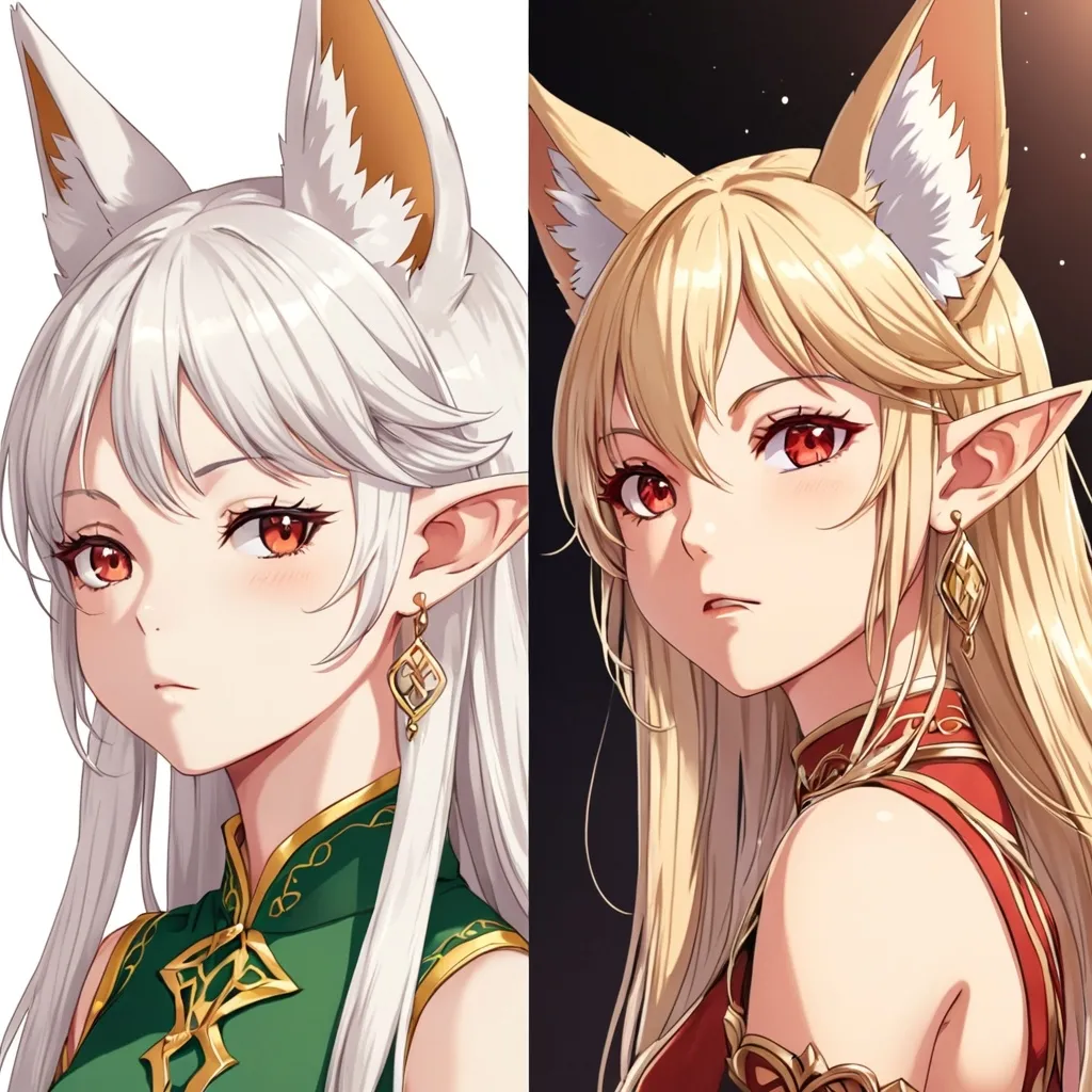 Prompt: anime, girl, detailed, white long hair, fox ears, left eye golden, right eye red, mouth closed, elf ears, earrings on elf ears.