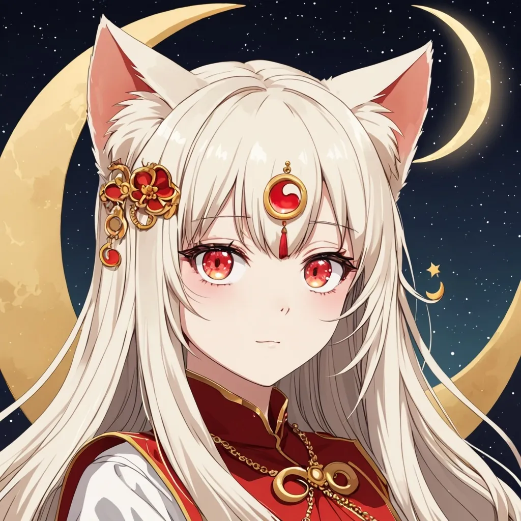 Prompt: anime, girl, detailed, white long hair, cat ears, left eye golden, right eye red, crescent moon on the forehead,