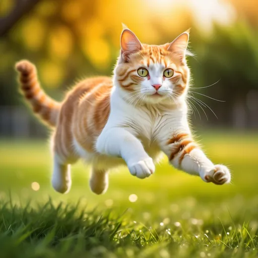 Prompt: A beautiful cat leaping, (graceful motion), sparkling fur reflecting sunlight, blurred background emphasizing speed, nature ambiance, lush green grass beneath, warm golden hues, focused expression, dynamic pose capturing energy, high dynamic range, ultra-detailed, vivid colors enchanting the visual essence, playful and lively atmosphere, perfect for a nature lover's art collection.