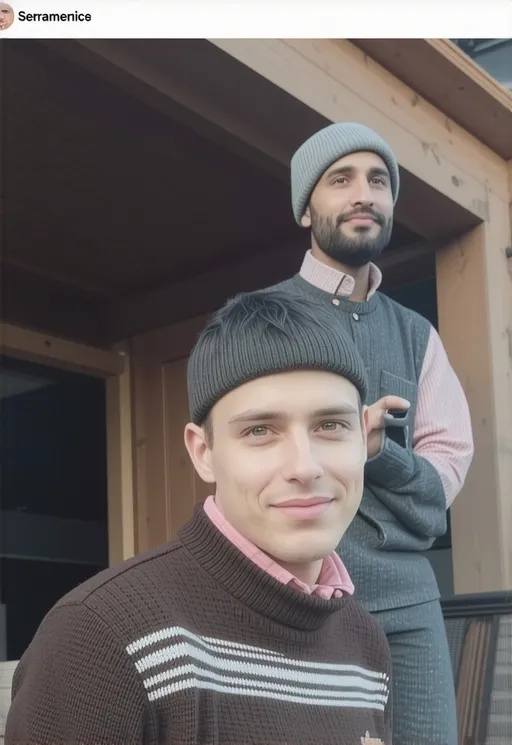 Prompt: In a cozy outdoor setting, two young men are seen, with one sitting in the foreground and the other standing slightly behind him. The man in front has a focused expression, dressed in a brown sweater adorned with white stripes and a light pink shirt, while the background features a simple wooden structure. The standing man, who is casually holding a smartphone, wears a dark jacket with a patterned vest and a gray beanie, looking cheerfully towards the camera with a slight smile. The warm lighting suggests it might be late afternoon, creating a relaxed atmosphere. This scene conveys a sense of camaraderie and casual engagement, capturing a moment of friendship in a comfortable environment.