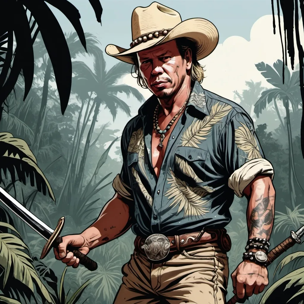 Prompt: Mickey Rourke in the jungle, a hawaiian shirt, and shorts, cowboy hat, holding a sword, detailed, dark colors, dramatic, graphic novel illustration,  2d shaded retro comic book