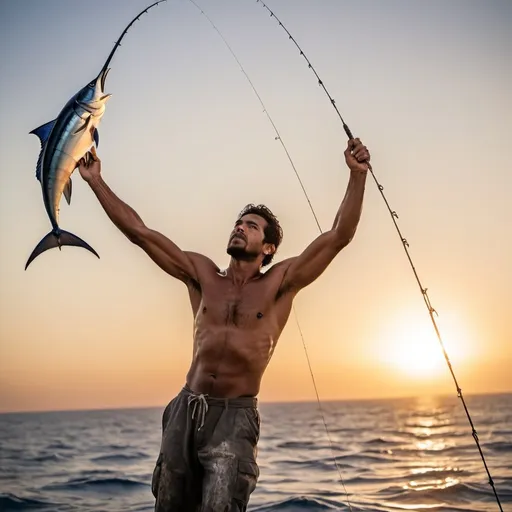 Prompt: 1. **Section 1: Determination and Perseverance**
   - **Visual:** Santiago gripping the fishing line tightly, muscles strained, with the marlin pulling hard against him. The background shows a rising sun, symbolizing hope and the start of his intense struggle.
   - **Caption:** *"Man is not made for defeat."*