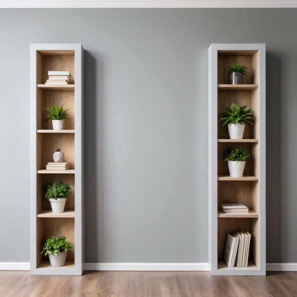 Prompt: Gray wall background, 3 niches in the middle of wood, the middle one open and the sides closed with white doors. In the middle niche you can have some books and a decoration, a green plant