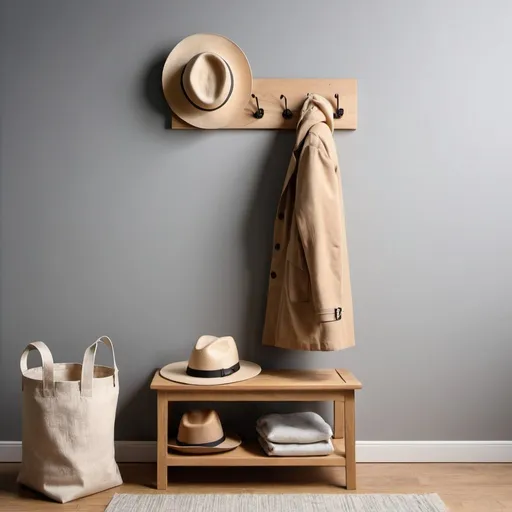 Prompt: Wooden coat rack image with gray background, light wood, and on the coat rack hanging a fabric bag and a hat