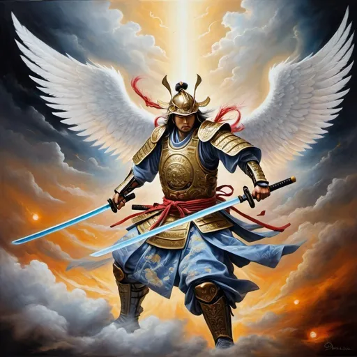 Prompt: Angelic samurai in heavenly death fest, oil painting, flowing ethereal robes, intricate celestial weaponry, dramatic lighting, high quality, realistic, epic, vibrant colors, heavenly glow, intense battle, detailed armor, serene yet intense, heavenly, divine presence, dynamic action, angelic wings, powerful energy, celestial setting, heavenly, dramatic, intense lighting